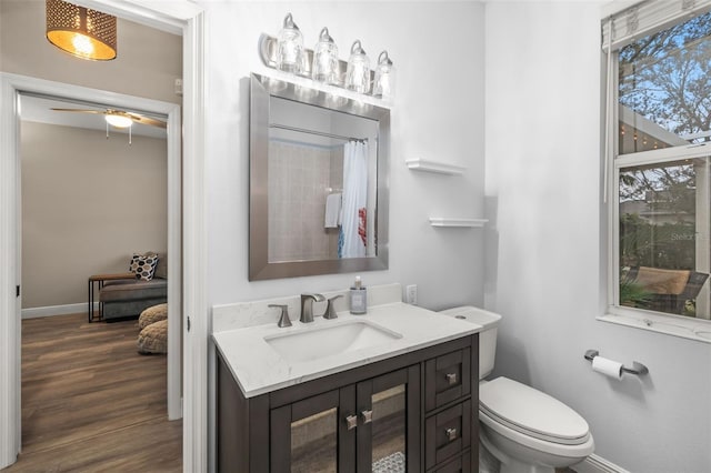 bathroom featuring toilet, baseboards, wood finished floors, and vanity