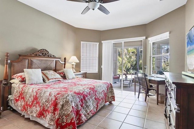 tiled bedroom featuring access to outside and ceiling fan