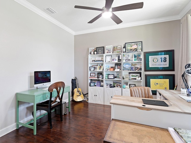 home office featuring crown molding, visible vents, ceiling fan, wood finished floors, and baseboards