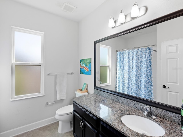 bathroom featuring tile patterned flooring, toilet, vanity, visible vents, and baseboards