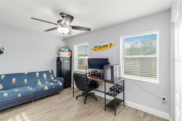 office space featuring ceiling fan and light wood-type flooring