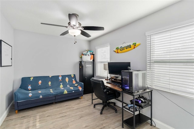 office area featuring ceiling fan and light wood-type flooring