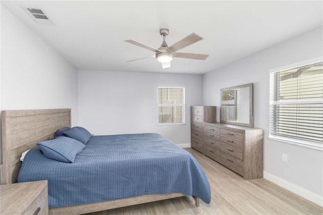 bedroom with ceiling fan and light hardwood / wood-style flooring