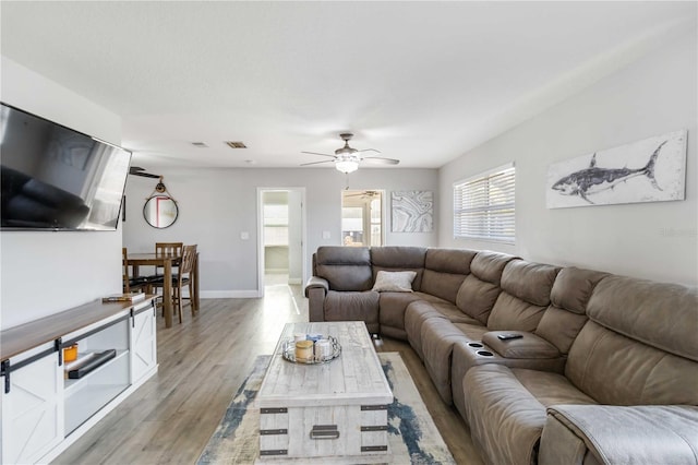 living room with ceiling fan and light wood-type flooring