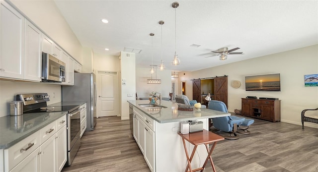 kitchen featuring sink, appliances with stainless steel finishes, hanging light fixtures, an island with sink, and a barn door