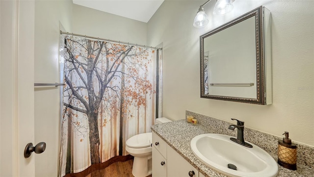 bathroom with vanity, hardwood / wood-style floors, toilet, and walk in shower