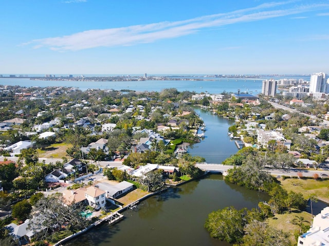 bird's eye view with a water view