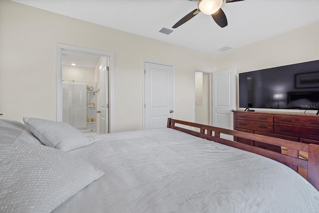 bedroom with ceiling fan and ensuite bath