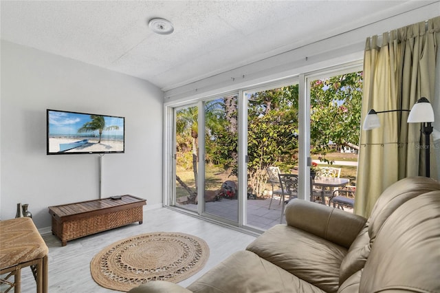 living room with a textured ceiling and light wood-type flooring