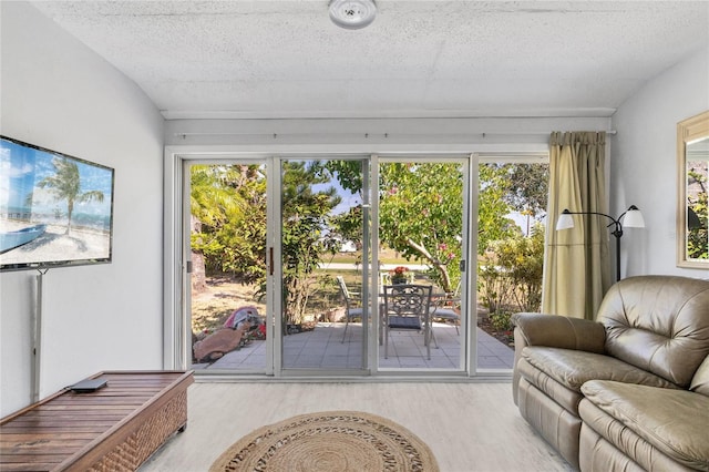 doorway with plenty of natural light, light hardwood / wood-style flooring, and a textured ceiling