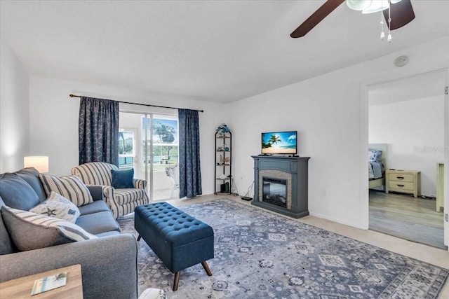 living room featuring ceiling fan