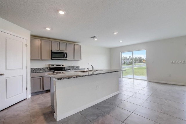 kitchen with appliances with stainless steel finishes, sink, a kitchen island with sink, and gray cabinetry