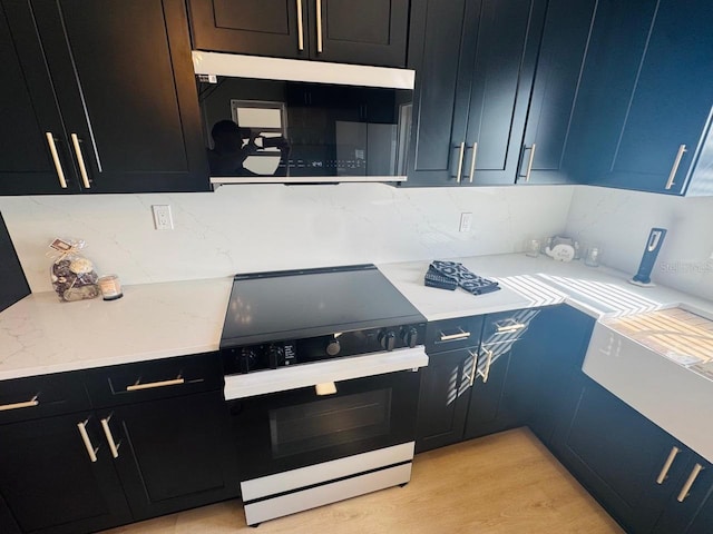 kitchen featuring backsplash, range with electric cooktop, and light wood-type flooring