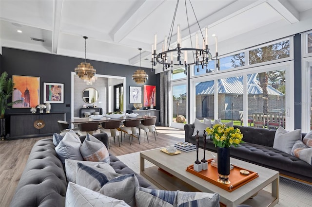 living room with beamed ceiling, coffered ceiling, and hardwood / wood-style floors