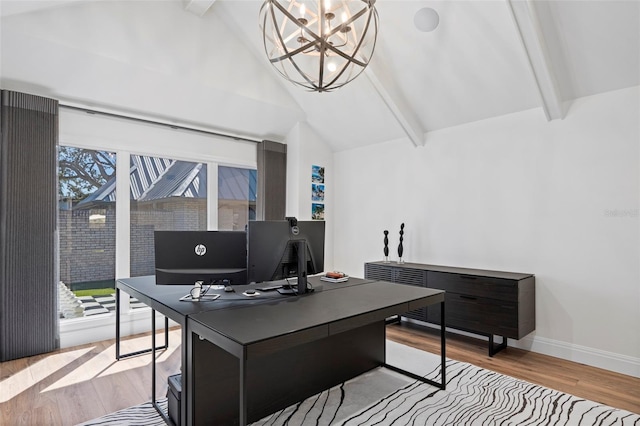 office area with beam ceiling, high vaulted ceiling, a chandelier, and light wood-type flooring