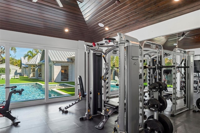 exercise room featuring wood ceiling, ceiling fan, and vaulted ceiling