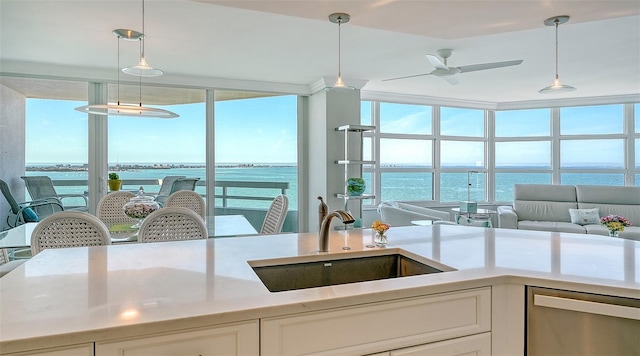 kitchen featuring a water view, stainless steel dishwasher, white cabinetry, and a sink