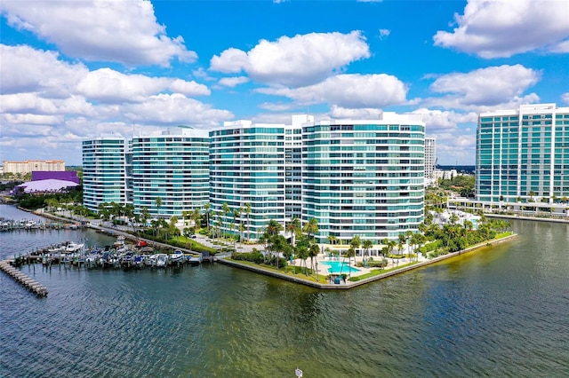 bird's eye view with a water view and a city view