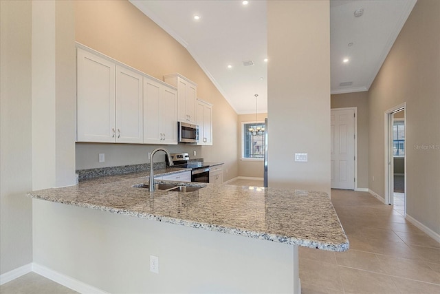 kitchen with sink, stainless steel appliances, light stone countertops, white cabinets, and kitchen peninsula