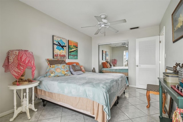 tiled bedroom with ceiling fan and a closet