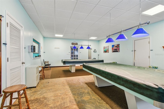 playroom featuring a paneled ceiling, billiards, and carpet flooring