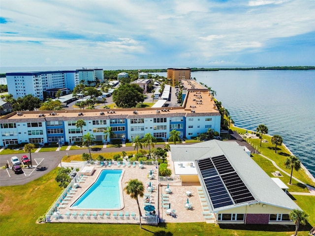 aerial view featuring a water view