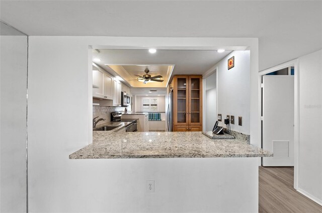 kitchen featuring appliances with stainless steel finishes, light stone countertops, kitchen peninsula, white cabinets, and a raised ceiling