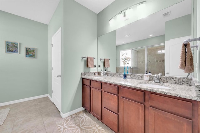 5718 Broad River Run, Ellenton, FL 34222 - bathroom with a shower stall, double vanity, and tile patterned flooring