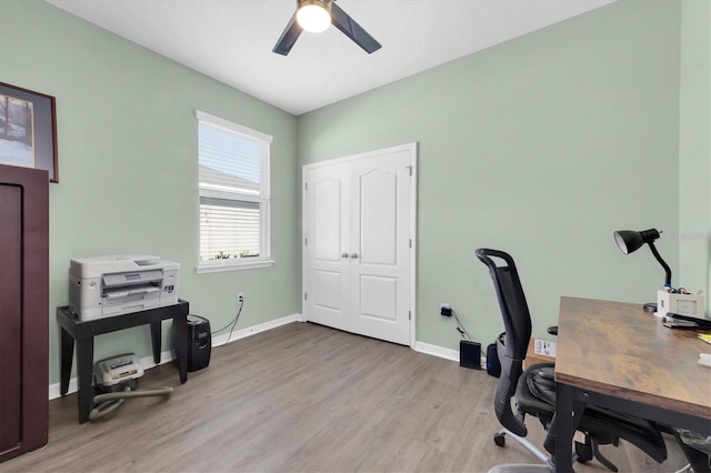 5718 Broad River Run, Ellenton, FL 34222 - office with a ceiling fan and wood finished floors