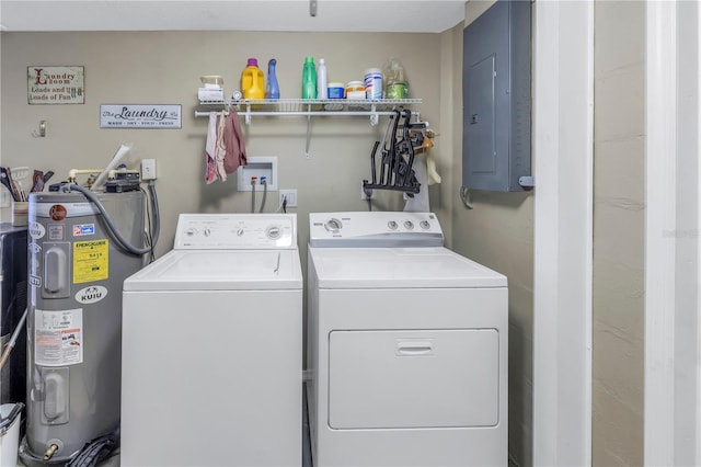 washroom featuring independent washer and dryer, electric panel, and electric water heater