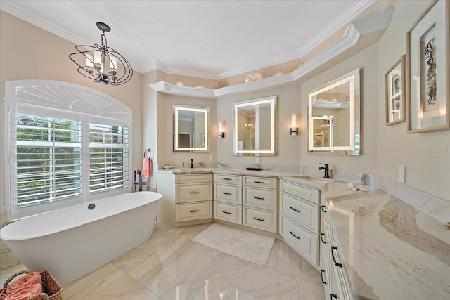 bathroom featuring vanity, a tub to relax in, crown molding, and an inviting chandelier