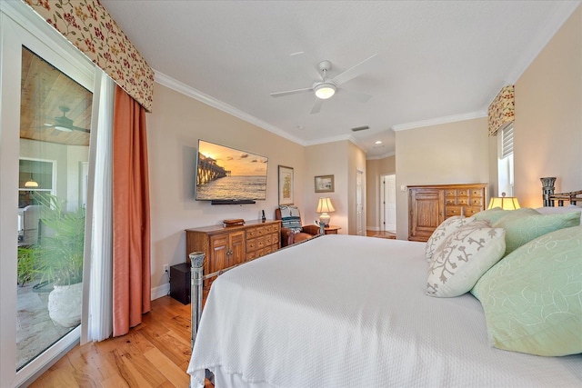 bedroom featuring crown molding, access to outside, ceiling fan, and light wood-type flooring