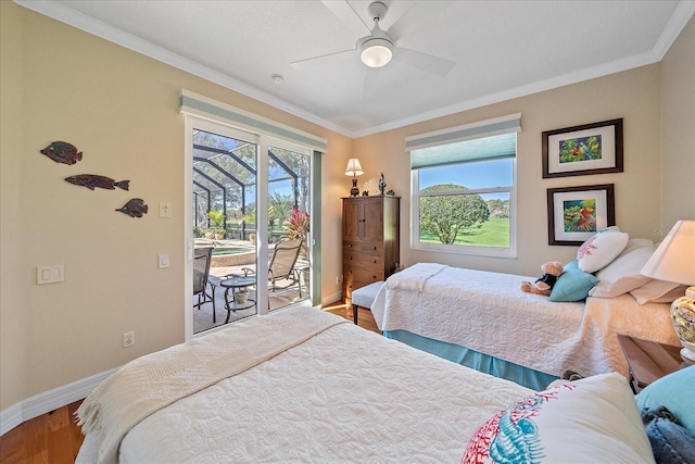 bedroom featuring hardwood / wood-style floors, crown molding, access to outside, and ceiling fan