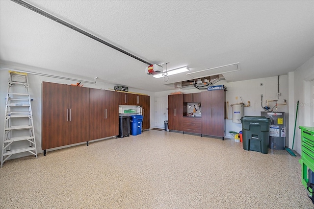 garage featuring a garage door opener and water heater