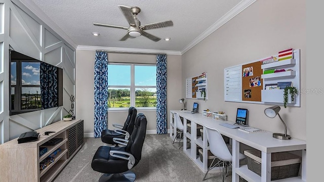 carpeted office with crown molding, ceiling fan, and a textured ceiling