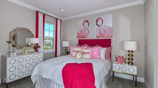 carpeted bedroom with ornamental molding