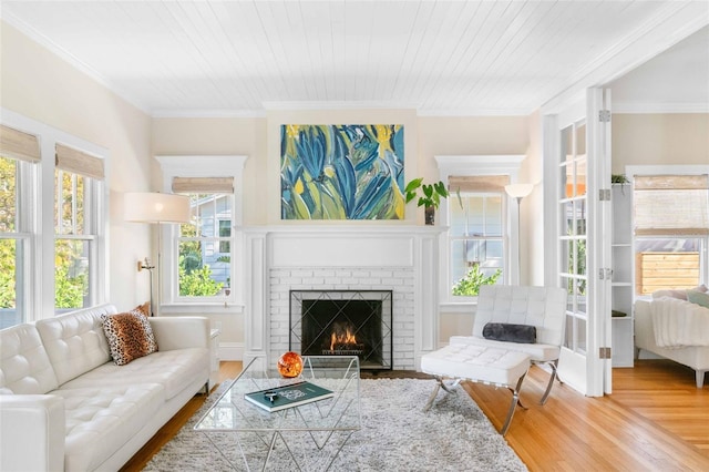 living area featuring crown molding, a fireplace, and wood-type flooring