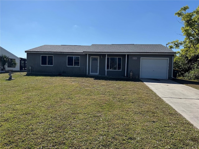 single story home with a garage and a front yard