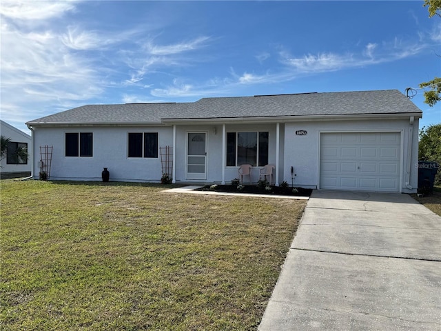 single story home featuring an attached garage, a shingled roof, driveway, stucco siding, and a front yard