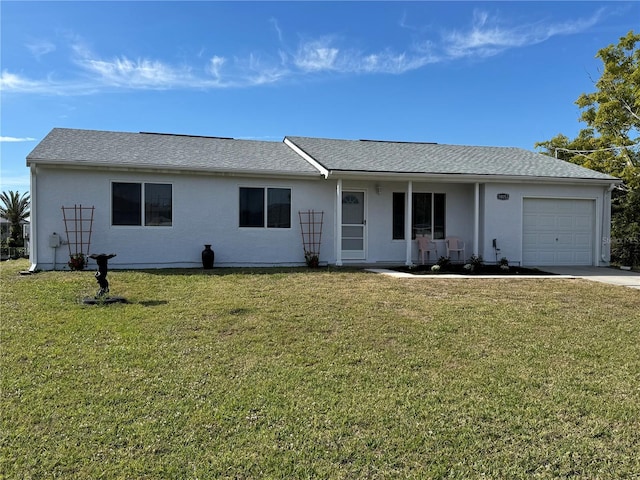 ranch-style home with a garage, roof with shingles, a front yard, and stucco siding