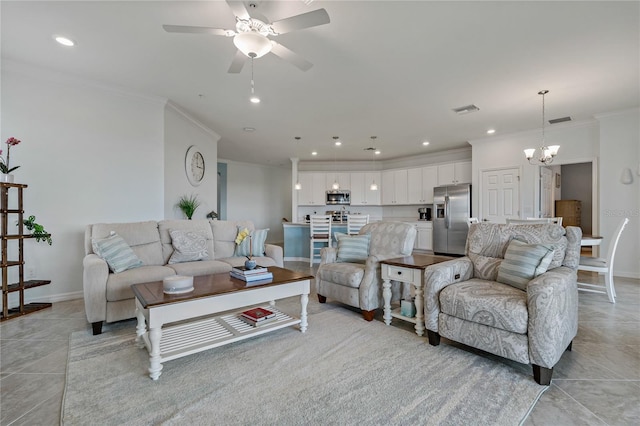 living room with crown molding, ceiling fan with notable chandelier, and light tile patterned floors