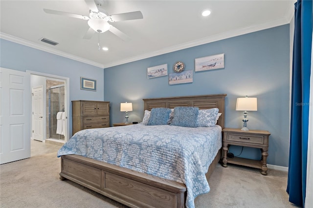 bedroom with connected bathroom, ornamental molding, light colored carpet, and ceiling fan