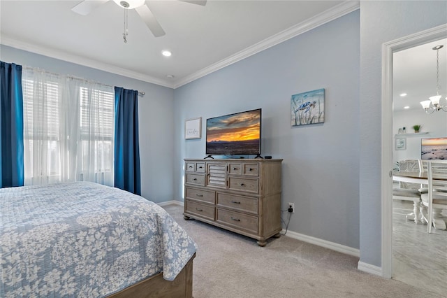 bedroom featuring light carpet, ceiling fan with notable chandelier, and ornamental molding