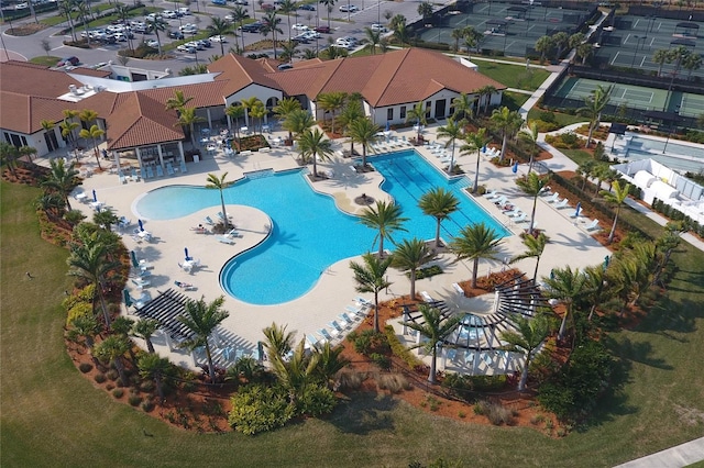 view of swimming pool with a gazebo and a patio