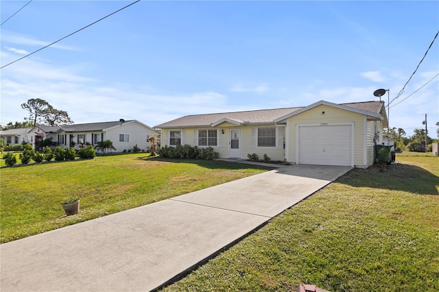 ranch-style home with a garage and a front lawn