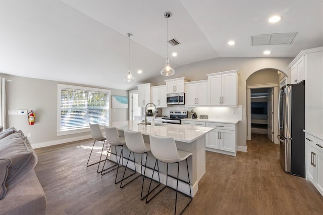 kitchen with lofted ceiling, decorative light fixtures, stainless steel appliances, a kitchen island with sink, and white cabinets