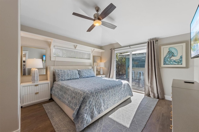 bedroom with lofted ceiling, access to exterior, dark wood-type flooring, and ceiling fan