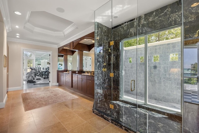 bathroom featuring crown molding, vanity, a tray ceiling, and a shower with door