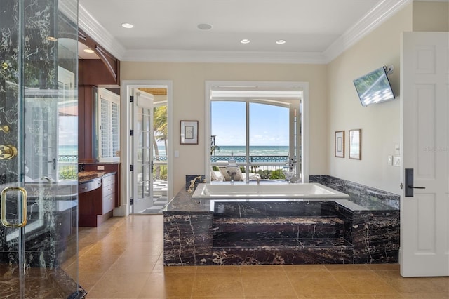 bathroom with ornamental molding, separate shower and tub, tile patterned flooring, and vanity