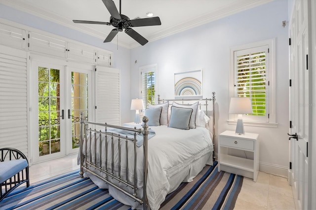 bedroom featuring light tile patterned floors, access to exterior, ceiling fan, crown molding, and french doors